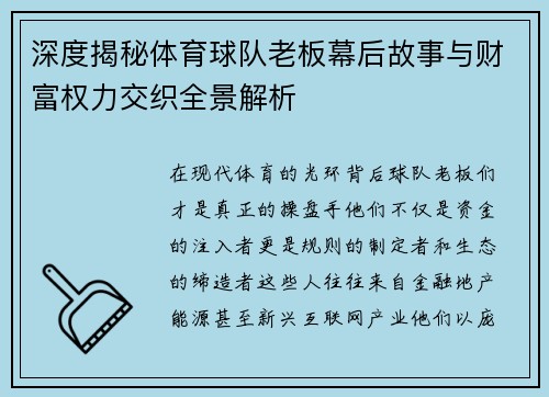 深度揭秘体育球队老板幕后故事与财富权力交织全景解析 深度揭秘体育球队老板幕后故事与财富权力交织全景解析